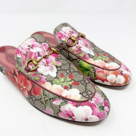 Gucci Princetown GG Supreme Pink Floral Blooms Horsebit Mules Loafers EU 39.5 - Picture 4 of 10
